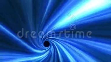 蓝色旋涡的抽象运动图形。 快速飞行穿越蓝色隧道黑洞抽象.. 隧道到另一个维度。